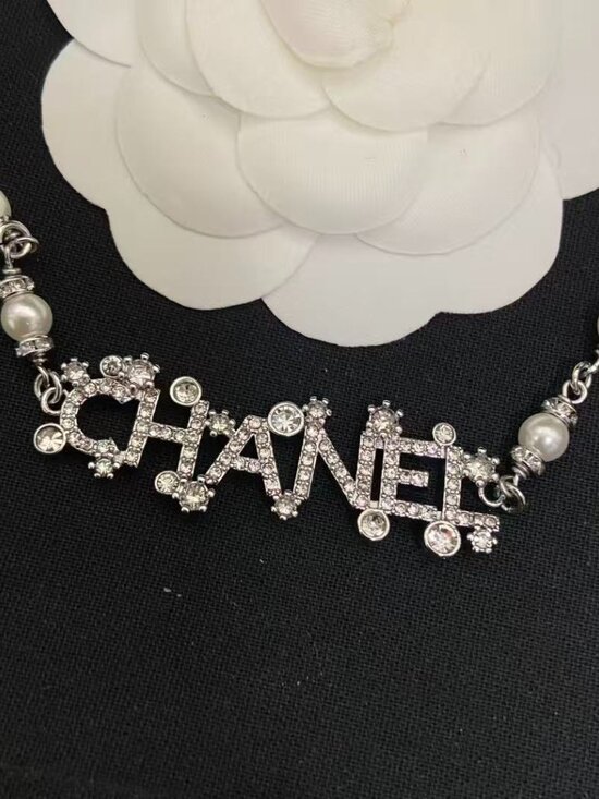Authentic Chanel Crystal CC Long Pearl Necklace Mint  Chanel Pavé Crystal Signature Logo Necklace with Pearl Detail